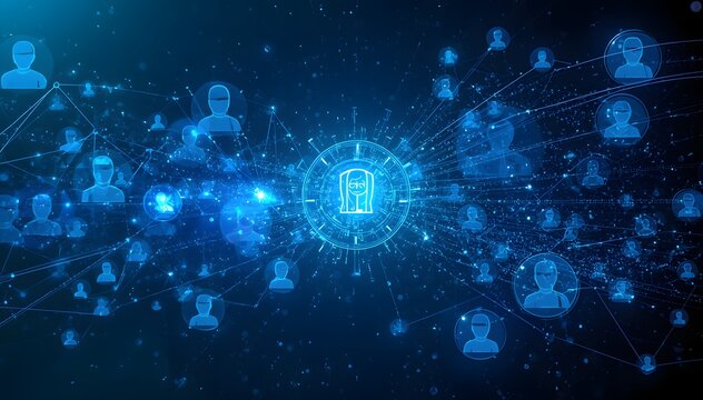 AI Ad Targeting Concept with Anonymous User Profiles Connected to Data Clusters, Privacy-Focused Marketing Analytics, Blue Digital Background