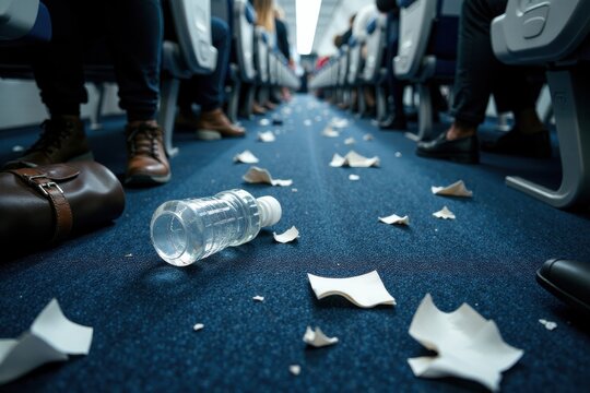Aisle Debris Post-Flight Litter and Discarded Items on a Passenger Aircraft Floor