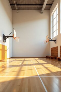 Empty gymnasium hardwood court with two basketball hoops and sunlight streaming through large windows
