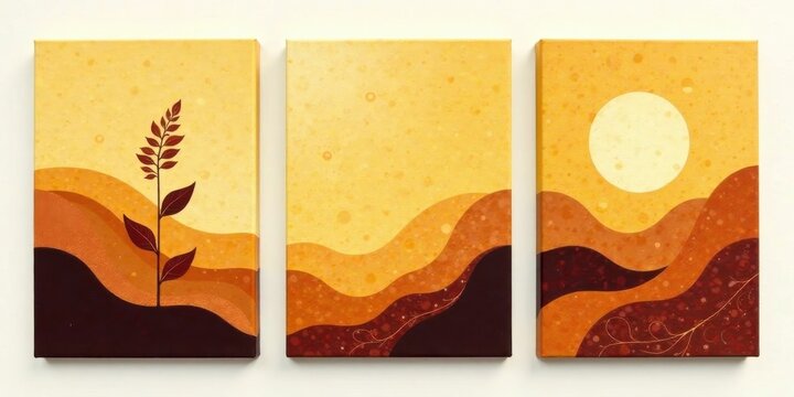 Golden Hour Triptych Abstract Landscape Paintings Featuring Undulating Hills, a Single Plant, and a Celestial Body