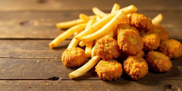 Crispy Fried Chicken Nuggets and Golden French Fries on Rustic Wooden Table