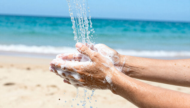 Close up of person washing hands with soapy water bubbles on a sunny tropical beach with turquoise ocean waves and white sand in the background for hygiene and summer concept