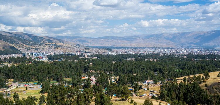 Panoramic view of Huancayo in the Mantaro Valley, surrounded by Andean mountains and eucalyptus woodland in Jun&iacute;n, Peru. Wide elevated landscape showing the urban area of Huancayo.