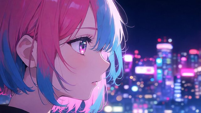 Anime girl profile view, pink blue hair face neon eye reflection, night city blur. Dreamy skyline bokeh concept, anime girl profile view soft shine mood