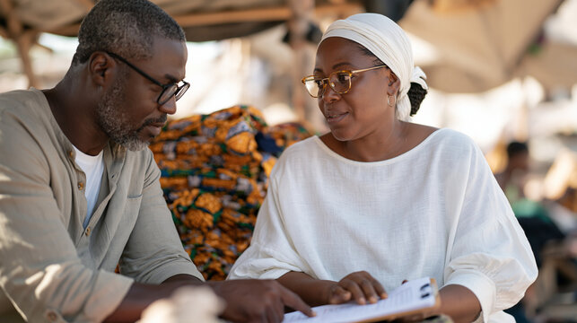 Ghanaian market trader discussing group lending circle terms with a microfinance officer under a shade canopy, each member's repayment share and interest cost written on a shared