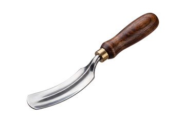 Obraz premium Professional wood carving gouge with wooden handle, sharp steel chisel tool for woodworking, isolated on white background