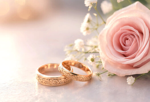 Elegant gold wedding rings placed beside pink rose bouquet
