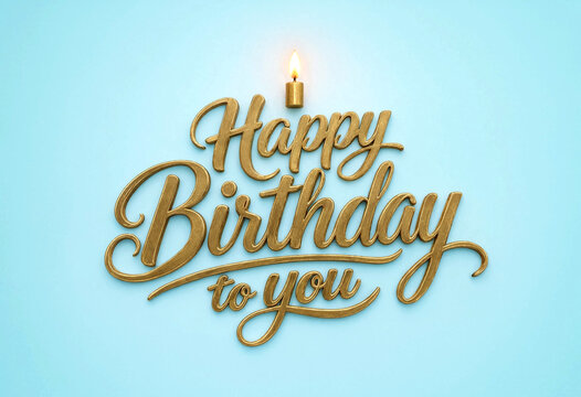 Elegant golden birthday greeting text with candle design on light blue background