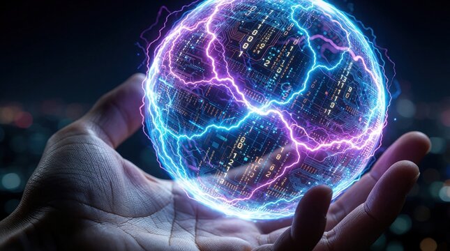 Human hand holds glowing digital energy sphere with blue lightning, data patterns. Futuristic orb contains electric sparks, cyber tech elements. Person controls virtual AI core global network concept