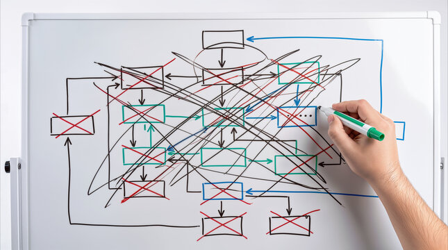Hand crossing out boxes on complex flowchart. Whiteboard showing failed strategy or system error in office setting.