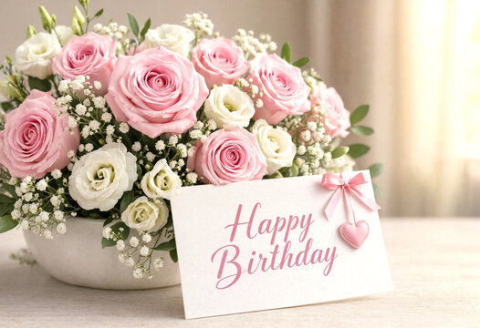 Elegant pink and white roses bouquet with birthday greeting card