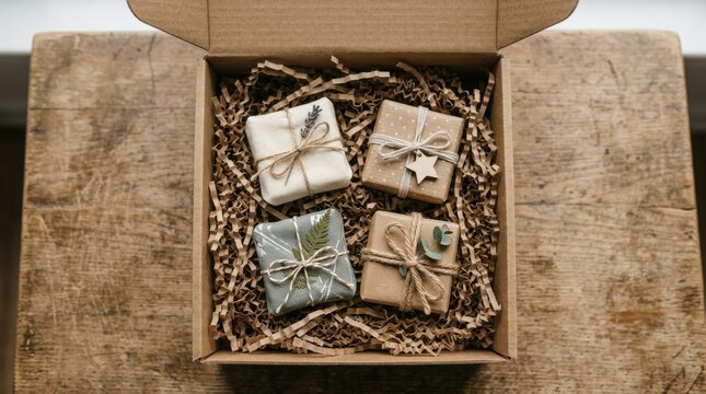 Four small gift boxes wrapped in paper sit inside a cardboard shipping box.