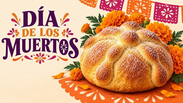 A round loaf of pan de muertos sweet bread with sugar topping rests beside orange marigold flowers and traditional decorative paper bunting, flat lay 3D digital illustration.