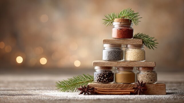 Festive spice jar pyramid with christmas tree branches and warm bokeh background
