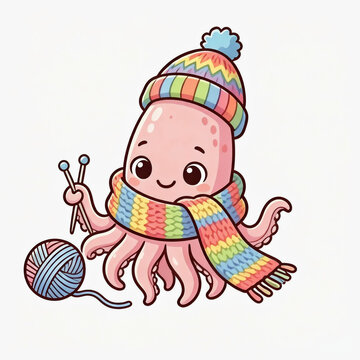 Cute pink octopus wearing winter beanie scarf knitting with ball yarn vector illustration graphic clipart