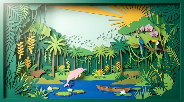 Landscape paper cut art illustration of the Amazon rainforest in Brazil featuring a pink river dolphin and tropical wildlife in a lush jungle setting