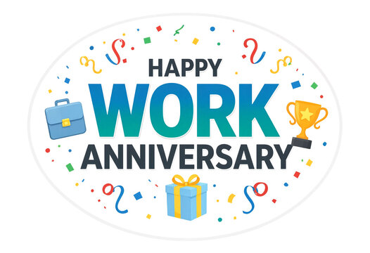 Happy work anniversary celebration graphic design with festive icons