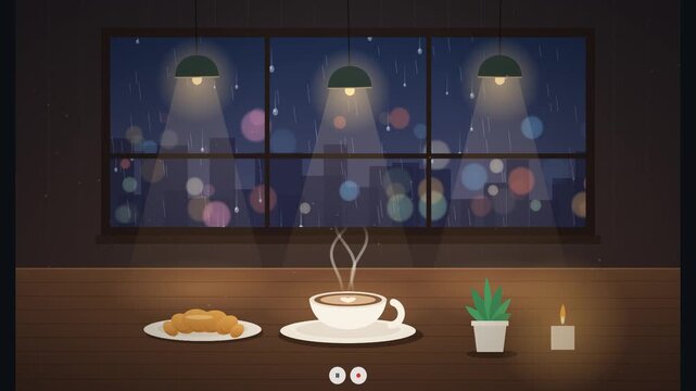 Cozy Rainy Night Scene with Coffee Cup and Pastry on a Window View with Ambient Soft Lighting