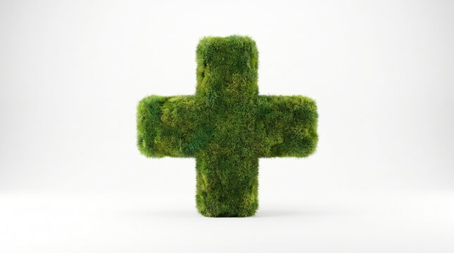 3D render of a green grass plus sign symbol isolated on a white background