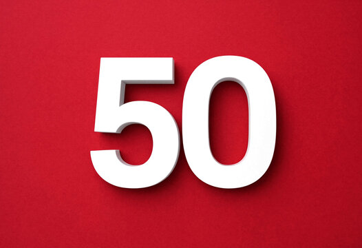 Large white number fifty displayed on solid red background