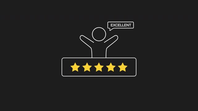 A square review panel shows five stars, an excellent label, and a happy character above it. Ideal for feedback systems, testimonials, and UI visuals