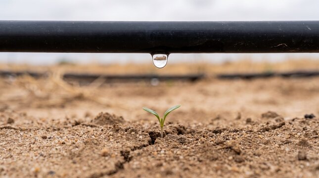 Drip irrigation system watering a small seedling in dry cracked soil