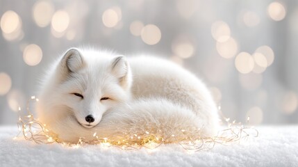 Fototapeta premium Serene arctic fox resting in snow with warm glowing bokeh lights in winter wonderland
