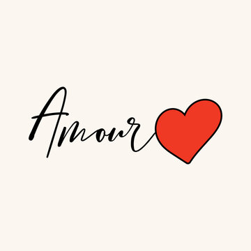 Hand-drawn cursive Amour typography with a bright red heart in minimal style. Perfect for romantic apparel, t-shirt prints, stickers, greeting cards, and Valentine's Day decal decorations.