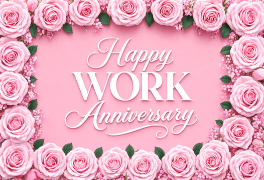 Pink Roses Work Anniversary Greeting Card Design With Floral Border