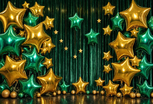 Shimmering gold and green star foil balloons decorating festive event backdrop