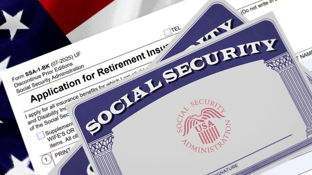 Social security card close up with retirement insurance benefits application and American flag in the background. Social security benefits card.. Retirees, finance, support, rights. 4k footage
