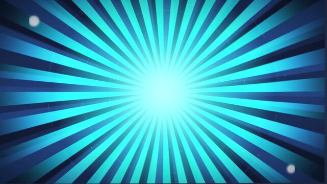 Rotating Cyan Sunburst Background Seamless Loop, Glowing Comic Anime Speed Lines with Floating Bokeh Particles