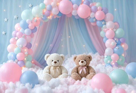 Two teddy bears sitting under colorful balloons and cloud backdrop