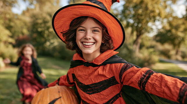 Carefree Halloween fun in the park. Joyful young witch twirling with open arms and a big pumpkin as a friend runs behind