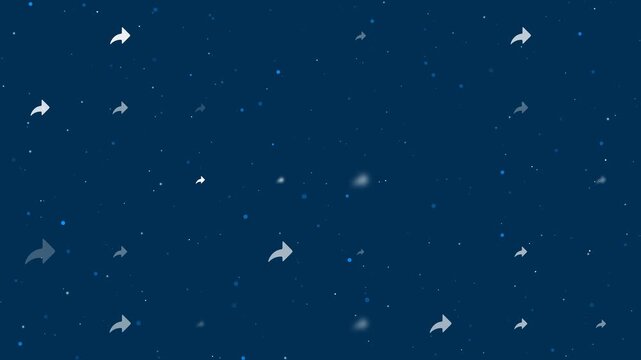 Evenly spaced share arrow symbols of different sizes grow, shrink and fade. Seamless looped 4k animation on dark blue background with stars