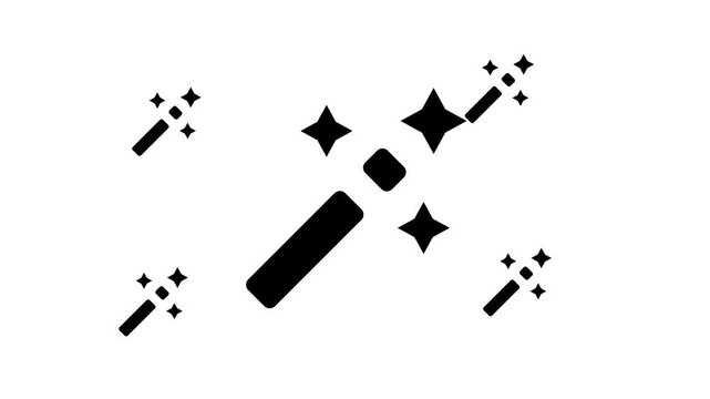 Large black magic wand symbol zooms in and out at the center, surrounded by four small copies. Seamless looped 4k animation on white background
