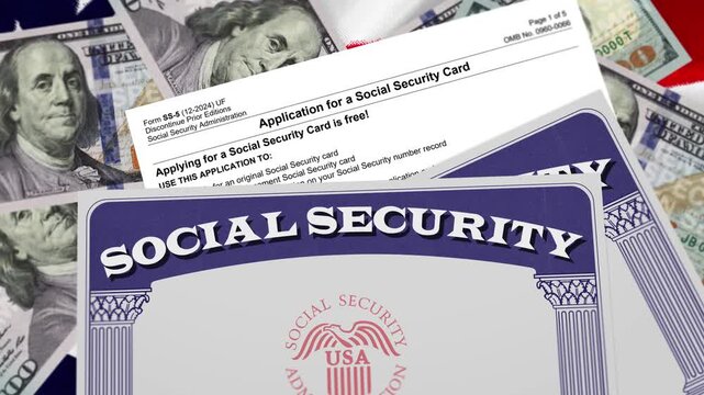 Social security card with application form and American flag in the background. Social Security application for old age people in USA, retirees and welfare concept. 4k footage