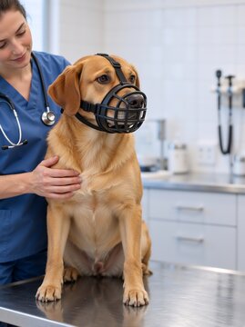 Veterinarian in blue scrubs places hand on a golden retriever dog wearing a black basket muzzle while sitting on an examination table in a brightly lit veterinary clinic with medical equipment