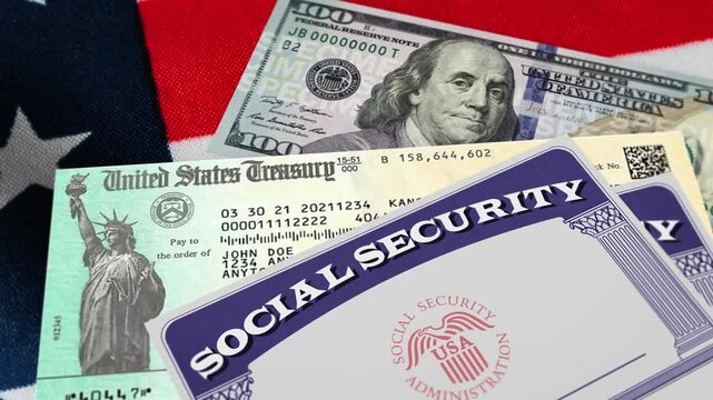 Social security benefits card close up with United States treasury check, SSN and 100 dollars bill on the American flag. Pension, health, money, welfare. 4k footage