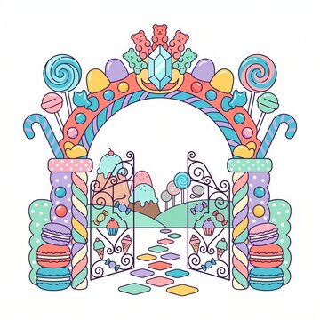 Magical candy land archway with lollipops, macarons, and gummy bears in cute pastel vector illustration