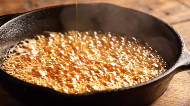 Close-up of caramelizing sugar in a black skillet over heat