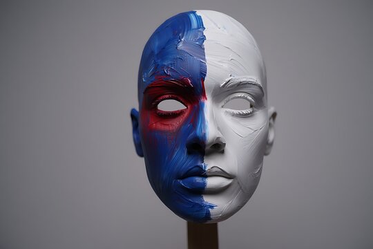 Split face mask with blue and red half