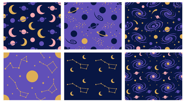 Set of six celestial and spacethemed patterns featuring moons stars and galaxies in vibrant colors