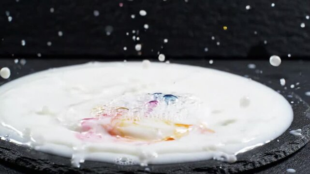 Close-up of colorful liquid splash in a black container