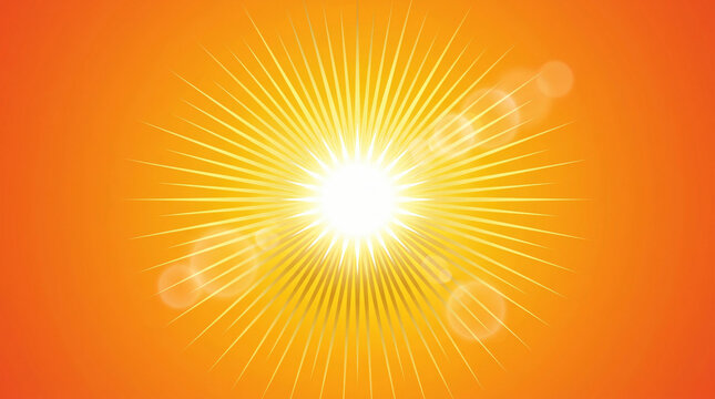 Bright sunburst background with glowing light rays and lens flares on orange.