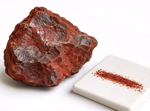 Reddish-brown hematite iron ore specimen with a small pile of red iron oxide powder on a white square tile, a raw natural earth mineral, isolated on a white background