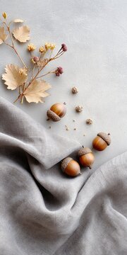 Autumn acorns on linen with dried leaves and flowers still life