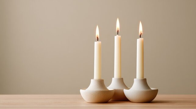 Three lit candles in modern ceramic holders on wooden table against beige background