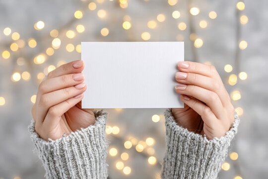 Cozy winter card display against blurred festive lights background
