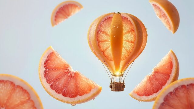 Surreal concept of a hot air balloon made of grapefruit flying among falling citrus slices
